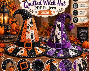 2 Moldes para Costurar Chapéus de Bruxa Acolchoados, Decoração de Tecido para o Halloween (Download em PDF)