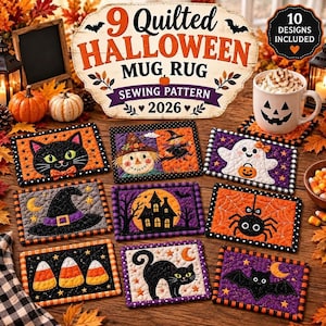 Könnte beinhalten: Ein Set aus neun rechteckigen, gesteppten Tassenuntersetzern mit Halloween-Motiven wie schwarzer Katze, Vogelscheuche, Geist, Hexenhut, Spukhaus, Spinne, Zuckermais, Katzensilhouette und Fledermaus, inklusive Schild mit der Aufschrift 9 Quilted Halloween Mug Rug Sewing Pattern 2026.