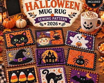 9 Moldes para Costurar Tapetes de Caneca de Halloween: Apliques de Abóbora, Fantasma, Gato e Morcego (Download Digital)