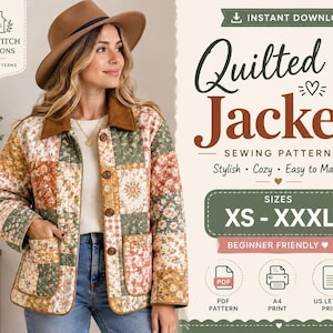 Patrón de costura en PDF para chaqueta acolchada de mujer, abrigo con botones frontales estilo patchwork, chaqueta con cuello y bolsillos, tallas XS a 3XL. Patrón de ropa DIY para principiantes.