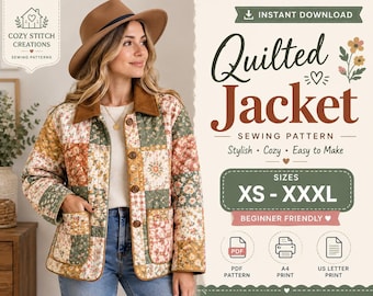 Patrón de costura en PDF para chaqueta acolchada de mujer, abrigo con botones frontales estilo patchwork, chaqueta con cuello y bolsillos, tallas XS a 3XL. Patrón de ropa DIY para principiantes.