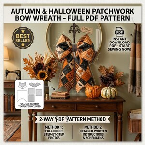 Layered Halloween Quilted Bow Sewing Pattern, Farmhouse Patchwork Door Décor (PDF)