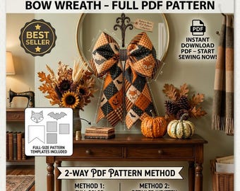 Molde para costura de laço acolchoado em camadas para o Halloween, decoração de porta em patchwork estilo fazenda (PDF)