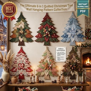 May include: A digital PDF pattern collection featuring six distinct quilted Christmas tree wall hangings. The designs include various fabric patterns, colours, and decorative elements like hearts, gingerbread men, and snowflakes on each tree.