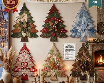 Molde para colcha de Natal 6 em 1 com árvore de Natal e aplique de poinsétia para pendurar na parede (Download em PDF)