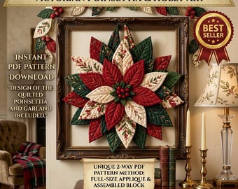 Molde para costura de guirlanda de poinsétia acolchoada, decoração de porta de Natal em tecido 3D (PDF)