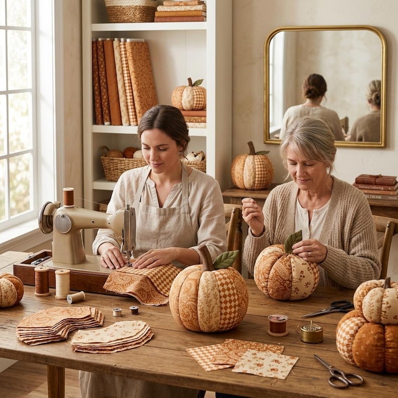 May include: Fabric pumpkins in shades of tan, brown, and cream with green fabric leaves, a beige sewing machine, spools of thread, fabric scraps, and scissors arranged on a wooden table for a craft project involving textile pumpkin construction.