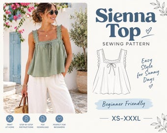 Molde de costura em PDF para blusa Sienna, molde de blusa feminina, molde de costura para iniciantes, molde de blusa de verão, molde de roupa faça você mesmo, download digital