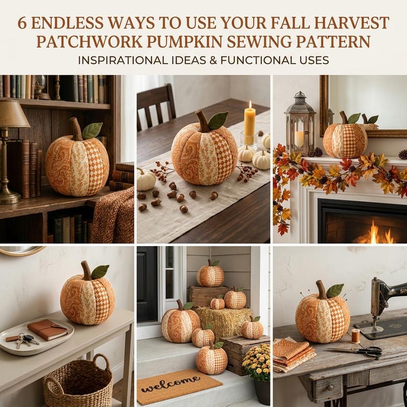 May include: A collage of six images showing fabric pumpkins with patchwork patterns in orange, cream, and brown tones. The text at the top reads: 6 ENDLESS WAYS TO USE YOUR FALL HARVEST PATCHWORK PUMPKIN SEWING PATTERN. INSPIRATIONAL IDEAS & FUNCTIONAL USES.