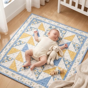 Op de afbeelding: Een vierkante gewatteerde babydeken met een geometrisch patroon van gele, witte en blauwe bloemrijke stoffen driehoeken. De deken heeft een blauw-witte stippenrand en is versierd met een klein, crèmekleurig knuffelkonijn.