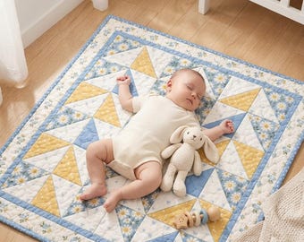 Molde em PDF para colcha de bebê com corações, colcha de bebê com corações florais, molde para costura de colcha para iniciantes, molde para colcha com triângulos e meio quadrado, presente para chá de bebê