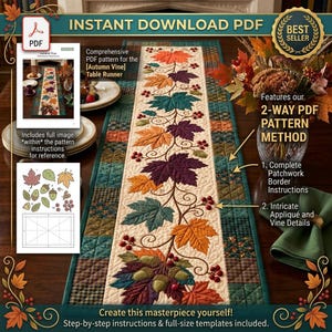 Könnte beinhalten: Ein sofort herunterladbares PDF-Schnittmuster für einen Autumn Vine Tischläufer. Das Design zeigt ein cremefarbenes Mittelteil mit gesteppten Ahornblättern in Orange, Lila und Blaugrün, akzentuiert durch rote Beeren und grüne Eicheln.