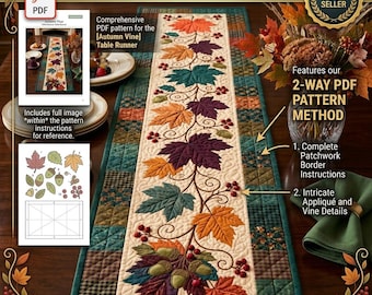 Falling Leaves Quilted Table Runner Pattern, Autumn Appliqué Sewing (PDF Download)