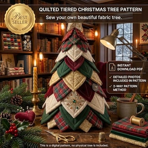 Puede incluir: Un patrón de árbol de Navidad acolchado de varios niveles con capas de tela en rojo, verde y crema con patrones de cuadros y dorados. El diseño incluye una estrella en la punta, adornos decorativos y el texto QUILTED TIERED CHRISTMAS TREE PATTERN.