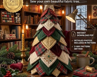 Molde para árvore de Natal acolchoada em camadas, pétalas de tecido sobrepostas e estrela no topo (download em PDF)
