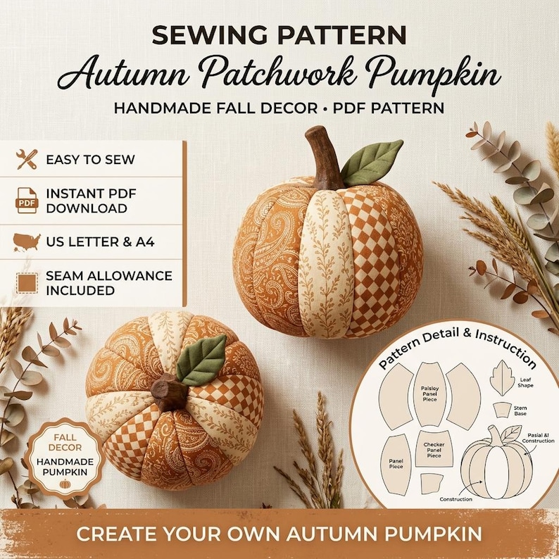 May include: A sewing pattern for an Autumn Patchwork Pumpkin, featuring text: SEWING PATTERN Autumn Patchwork Pumpkin HANDMADE FALL DECOR PDF PATTERN. Includes instructions for fabric panels, a stem, and a leaf, with orange and cream patterns.