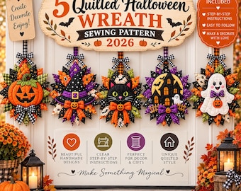 5 Moldes para Costurar Guirlandas de Halloween em Patchwork: Abóbora, Gato, Bruxa, Fantasma (Download Digital)