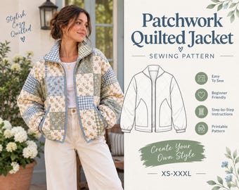 Molde para jaqueta acolchoada feminina em PDF, molde para jaqueta patchwork, molde para casaco para iniciantes, molde para roupas femininas faça você mesmo, download digital
