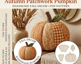Patchwork pompoen naaipatroon, herfstdecoratie met stoffen (PDF download)