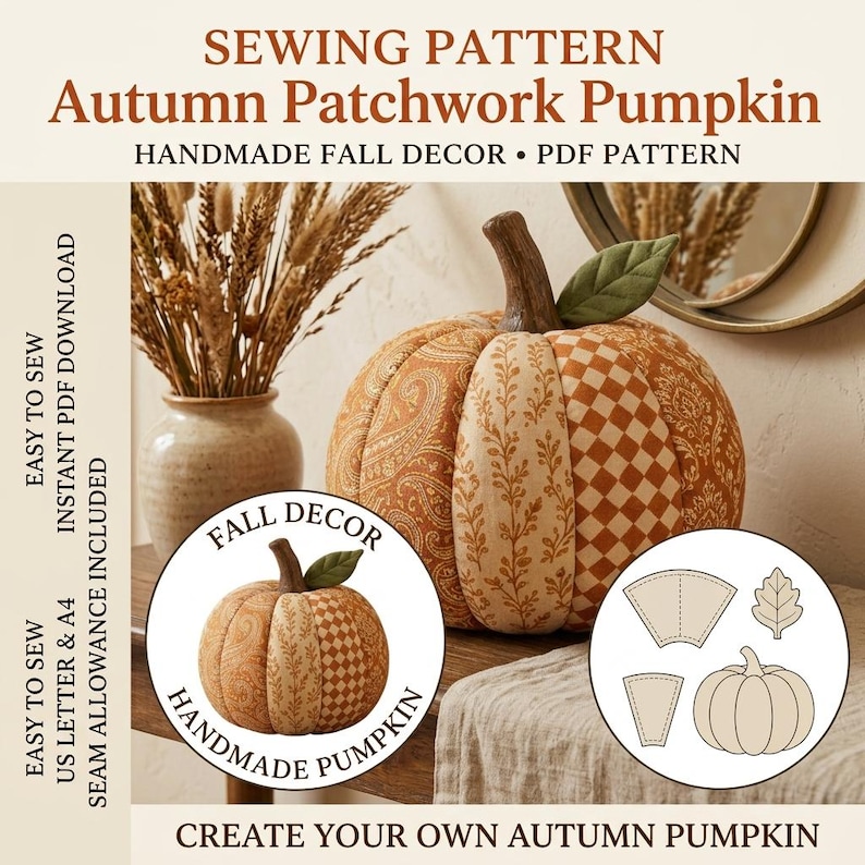 Patchwork Pumpkin Sewing Pattern PDF, Fall Harvest Fabric Pumpkin Pattern, Autumn Table Decor, Thanksgiving Sewing Project, Digital Download