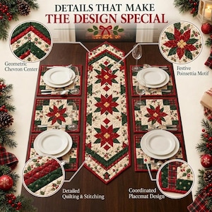 May include: A table runner and four placemats featuring a cream, red, and green poinsettia and holly pattern. The set includes a geometric chevron centre, detailed quilting, and stitching. The text reads: DETAILS THAT MAKE THE DESIGN SPECIAL.