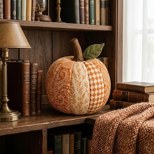 May include: A fabric pumpkin decoration featuring alternating vertical panels of orange paisley, cream-coloured botanical vine, and orange-and-white checkered patterns. The pumpkin has a brown textured stem and a single green fabric leaf attached.