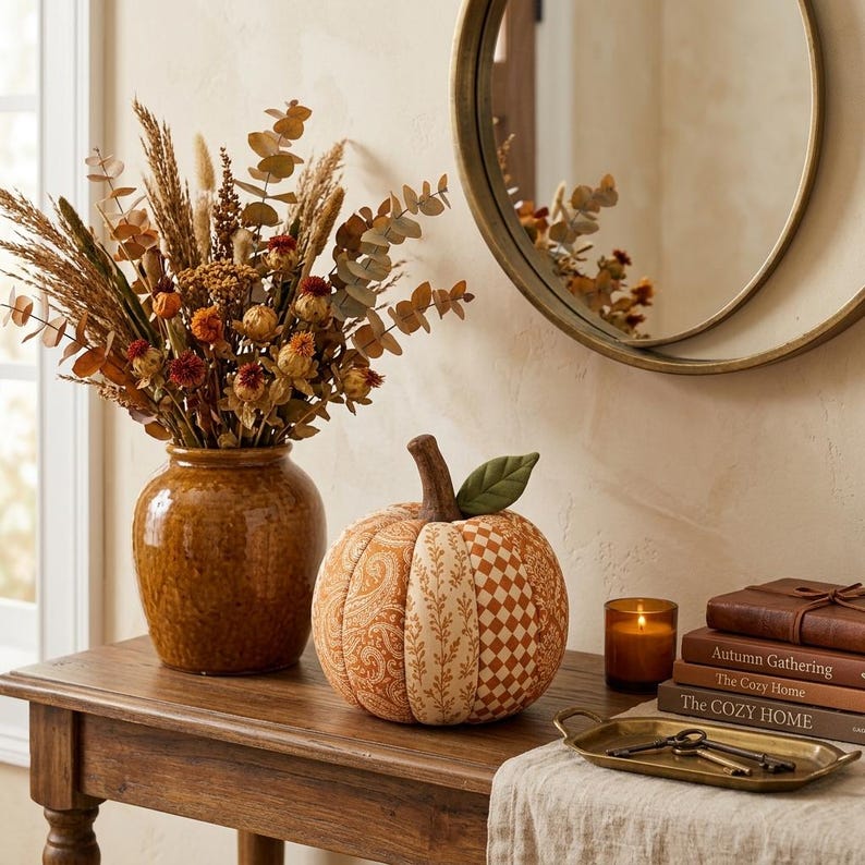 May include: A brown ceramic vase filled with dried grasses and flowers, a fabric pumpkin with mixed orange and cream patterns, a small glass candle, and a stack of three books titled Autumn Gathering and The Cozy Home on a wooden table.
