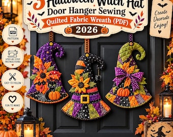 3 Moldes para Costurar Chapéus de Bruxa para Pendurar na Porta no Halloween (PDF)