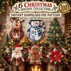 Puede incluir: Una colección digital de 6 patrones PDF navideños con diseños acolchados de reno, muñeco de nieve, árbol de Navidad, Santa Claus, hombre de jengibre y flor de pascua. El texto dice 6 CHRISTMAS HOLIDAY COLLECTION y BEST SELLER.