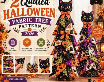 2 Moldes de Costura para Árvore de Halloween em Patchwork, com Gato Preto no Topo e Retalhos de Tecido (Download em PDF)