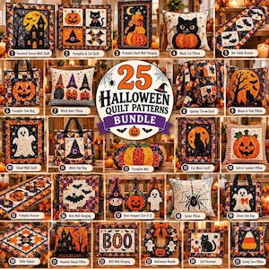 May include: A collection of 25 Halloween-themed quilt patterns featuring various designs including pumpkins, black cats, ghosts, bats, haunted houses, and witch hats. The items are displayed as finished quilted pillows, wall hangings, bags, and runners.