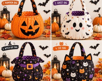 Molde em PDF para sacola de doces ou travessuras de Halloween, 4 modelos de sacolas com abóbora, projeto de Halloween para iniciantes, sacola de doces faça você mesmo, download digital