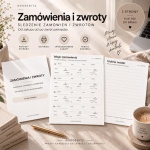 May include: A digital printable PDF set for order and return tracking, featuring three pages with sections for order details, status, and quick notes. The white sheets include black text, icons, and lines for organized record keeping.