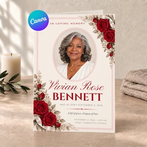 Puede incluir: Un programa funerario con el retrato de una persona de cabello gris dentro de un marco circular. El diseño incluye rosas rojas, flores blancas y el texto: In Loving Memory, Vivian Rose Bennett, 18 de mayo de 1958 - 2 de septiembre de 2026.