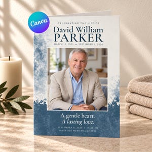 May include: A folded memorial service programme featuring a portrait of a smiling person in a beige blazer and blue shirt. The text reads: CELEBRATING THE LIFE OF David William PARKER MARCH 12, 1953 - SEPTEMBER 1, 2026 A gentle heart. A lasting love.