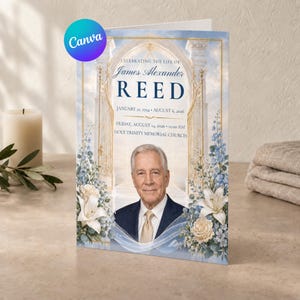 May include: A funeral programme featuring a portrait of James Alexander Reed, with the text Celebrating the Life of James Alexander Reed, January 21, 1954 - August 6, 2026, Friday, August 14, 2026, 11:00 AM, Holy Trinity Memorial Church, and blue flowers.