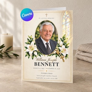 May include: A funeral program featuring a portrait of an older man in a suit within an oval frame, surrounded by white lilies and a rosary. Text reads: IN LOVING MEMORY, William Joseph BENNETT, MARCH 12, 1942 - SEPTEMBER 18, 2026, FUNERAL MASS.