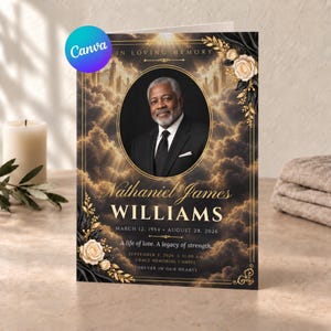May include: A funeral programme featuring a portrait of a man in a suit, surrounded by golden clouds and black fabric. Text includes IN LOVING MEMORY, Nathaniel James WILLIAMS, dates, and service details. Accented with cream roses and gold leaves.