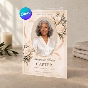 Peut inclure: Une carte de programme funéraire avec le portrait d'une femme dans un cadre ovale, entouré de roses crème et de lys calla. Le texte indique IN LOVING MEMORY, Margaret Elaine CARTER, MARCH 8, 1952 - JULY 14, 2026, Celebrating a Life Beautifully Lived.