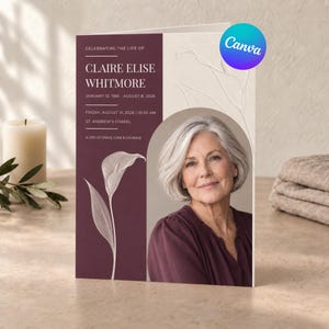Può includere: Un programma funebre piegato con un pannello color prugna scuro e testo bianco che recita Celebrating the Life of Claire Elise Whitmore, January 12, 1956 - August 8, 2026, Friday, August 21, 2026, 10:30 AM, St. Andrew's Chapel, A Life of Grace, Love & Courage.