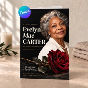 Plantilla de programa funerario en negro y rojo para mujeres, obituario editable en Canva, folleto de celebración de la vida.