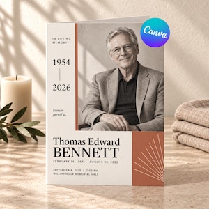 Op de afbeelding: Een uitvaartprogramma met een zwart-witportret van een man in een blazer. De tekst bevat In Loving Memory, 1954-2026, Forever part of us, Thomas Edward Bennett, February 14, 1954 - August 28, 2026, September 4, 2026, 2:00 PM, Willowbrook Memorial Hall.