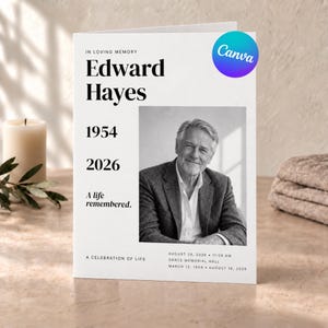 Puede incluir: Una tarjeta de programa funerario blanca con el texto In Loving Memory, Edward Hayes, 1954-2026, A life remembered y A Celebration of Life. Incluye un retrato en blanco y negro de un hombre con blazer y los detalles del evento.