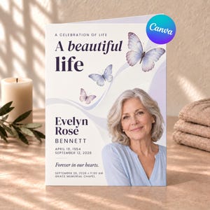 May include: A funeral programme card featuring the text A Celebration of Life, A beautiful life, Evelyn Rose Bennett, April 18, 1954, September 12, 2026, Forever in our hearts, September 26, 2026, 11:00 AM, Grace Memorial Chapel, and three butterflies.