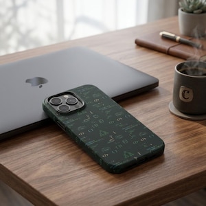 May include: A dark green smartphone case featuring a repeating pattern of white programming code snippets, including brackets, slashes, and various technical symbols, designed to fit a device with a triple-lens camera array on the back.