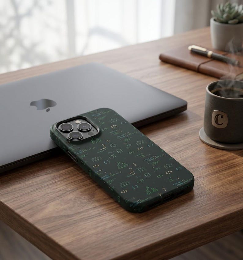 K&ouml;nnte beinhalten: Eine dunkelgr&uuml;ne Smartphone-H&uuml;lle mit einem sich wiederholenden Muster aus wei&szlig;en Programmiercode-Schnipseln, einschlie&szlig;lich Klammern, Schr&auml;gstrichen und verschiedenen technischen Symbolen, passend f&uuml;r ein Ger&auml;t mit Dreifachkamera.