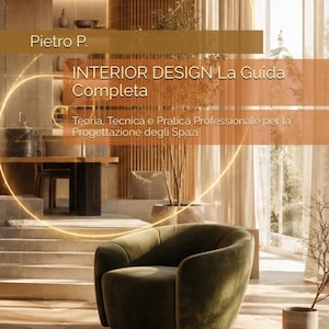 Puede incluir: Una portada de libro titulada INTERIOR DESIGN La Guida Completa de Pietro P. con una espiral dorada superpuesta. El fondo muestra una habitación con un sillón de terciopelo verde oliva oscuro, suelo de madera y un gran ventanal.