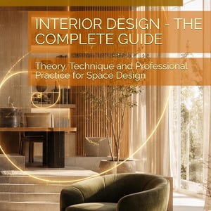 Op de afbeelding: Een boekomslag met de titel PIETRO P. INTERIOR DESIGN - THE COMPLETE GUIDE: Theory, Technique and Professional Practice for Space Design. De omslag toont een gouden spiraal over een kamer met een groene fluwelen stoel en houten accenten.