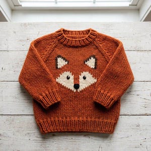 Può includere: Un maglione a maglia grossa di un vivace colore arancione bruciato, caratterizzato da maniche lunghe con girocollo, polsini e orlo a coste. Il centro del petto presenta un motivo lavorato a maglia a forma di muso di volpe in crema, marrone e nero.