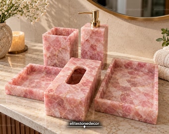 Handmade Rose Quartz Stone Bathroom Set Five Piece Luxury Soap Dispenser Vanity Accessories Decor